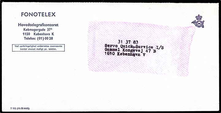 Fortrykt ufrankeret kuvert mærket FONOTELEX - formular T115 (11-70 M65) sendt lokalt i København. På bagsiden stemplet København K. d. 16.3.1973.
