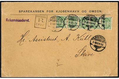 5 øre Våben i vandret 5-stribe på anbefalet brev fra Kjøbenhavn K. d. 3.10.1902 til Skive.