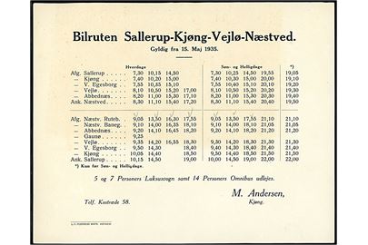 Køreplan for bilruten: Sallerup-Kjøng-Vejlø-Næstved gyldig fra 15.5.1935.