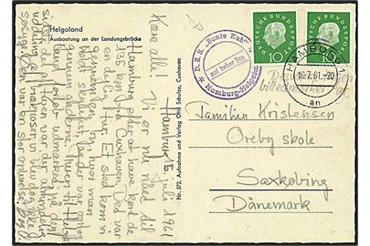 20 pfennig på postkort fra Hamburg d. 16.7.1961 til Sakskøbing. Stemplet med skibsstempel Hamburg-Helgoland.
