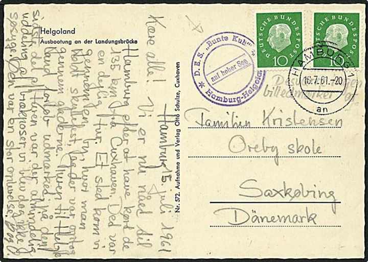 20 pfennig på postkort fra Hamburg d. 16.7.1961 til Sakskøbing. Stemplet med skibsstempel Hamburg-Helgoland.
