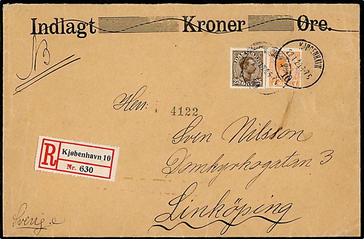 7 øre og 25 øre Chr. X på anbefalet brev fra Kjøbenhavn d. 22.1.1920 til Linköping, Sverige.