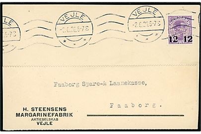 12/15 øre Provisorium med perfin H.S.V. på brevkort fra firma H. Steensens Margarinefabrik i Vejle d. 2.6.1926 til Faaborg.