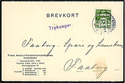 10 øre Bølgelinie med perfin F.A.F. på tryksagskort Fyens Andels-Foderstofforretning i Svendborg d. 3.11.1925 til Faaborg.