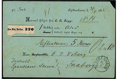 1883. Ufrankeret fortrykt privat adressekort fra firma C. A. Topp for pakke med efterkrav og lapidar Kjøbenhavn d. 31.5.1883 til Faaborg. Påskrevet 36 øre med rødkridt.