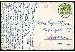 15 øre Karavel på brevkort (Snogebæk havn) annulleret Neksø d. 26.7.1943 til Stockholm, Sverige. dansk censur.