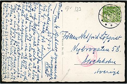 15 øre Karavel på brevkort (Snogebæk havn) annulleret Neksø d. 26.7.1943 til Stockholm, Sverige. dansk censur.