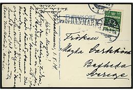 5 øre Bølgelinie på brevkort fra København annulleret med svensk stempel i Malmö d. 1.8.1914 og sidestemplet Från Danmark til Sverige.