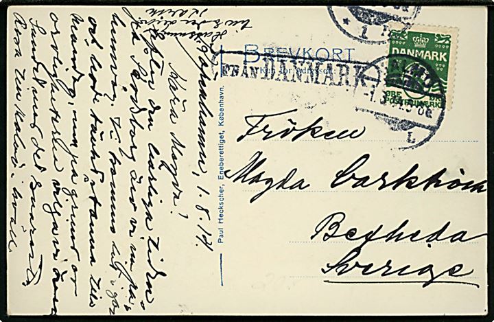 5 øre Bølgelinie på brevkort fra København annulleret med svensk stempel i Malmö d. 1.8.1914 og sidestemplet Från Danmark til Sverige.