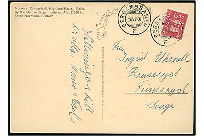 40 øre Knob på brevkort (Highland Hotel, Geilo) annulleret med bureaustempel Bergensbanen F d. 26.7.1966 til Sverige.
