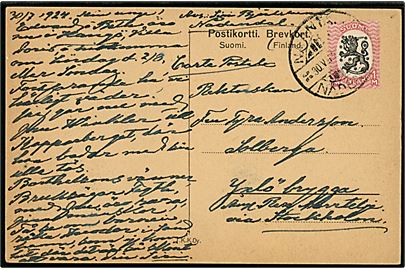 1 mk. Løve på brevkort fra Nådendal d. 30.7.1924 til skærgårds adresse Solberga, Yxlö brygga via Stockholm, Sverige.