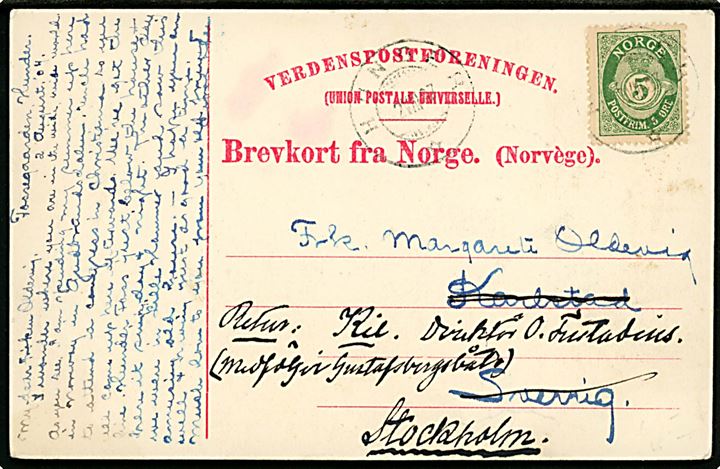 5 öre Posthorn på brevkort fra Hunder d. 2.8.1907 til Karlstad, Sverige - eftersendt til skærgårdsardesse: Kil (medfölger Gustafsbergbåt) Stockholm.