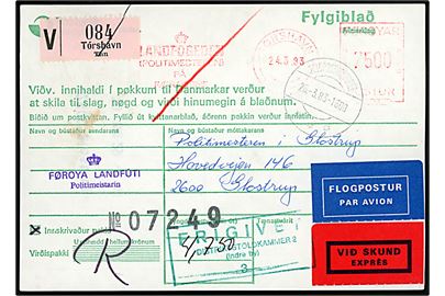 75 kr. firmafranko frankeret adressekort for anbefalet ekspres luftpostpakke fra Føroya Landfúti i Tórshavn d. 24.3.1983 vis Toldpostkontoret d. 26.3.1983 til politimesteren i Glostrup, Danmark.