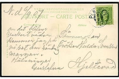5 öre Oscar II på brevkort annulleret med bureaustempel PLK 357 d. 6.9.1907 (= Nässjö - Hultsfred) til Hjeltevad. 