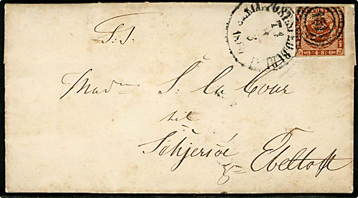 4 sk. 1858 udg. på brev fra København d. 1.3.1860 annulleret med kombineret nr.stempel 181/Sjæll:Post:Sped:Bureau d. 1.3.1860 til Schjersöe (Skærsø) pr. Ebeltoft.