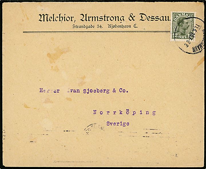 12 øre Chr. X single på firmakuvert fra firma Melchior, Armstrong & Dessau i Kjøbenhavn d. 11.6.1918 til Norrköping, Sverige.