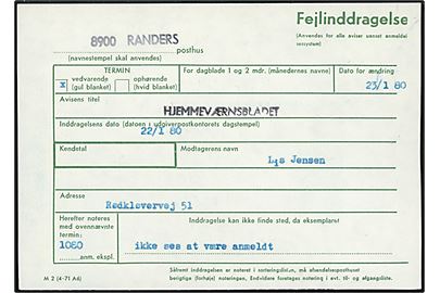 Fejlinddragelse - formular M2 (4-71 A6) - anvendt i Randers d. 23.1.1980 for Hjemmeværnsblandet.