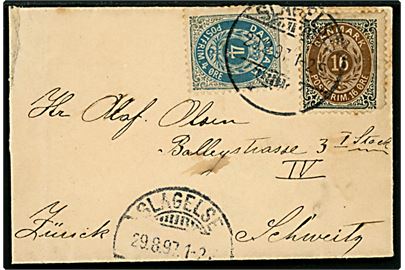 4 øre ret rm. og 16 øre omv. rm. (defekt) Tofarvet på lille brev fra Slagelse d. 29.8.1897 til Zürich, Schweiz.