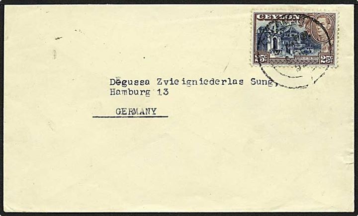 25 cent brun/blå på brev fra Ceylon d. 6.12.19xx til Hamburg.