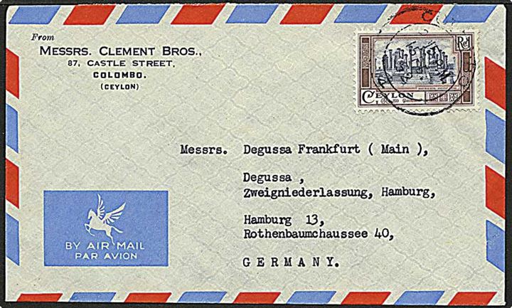 1 rupi brun/blå på brev fra Colombo d. 15.2.1952 til Hamburg.