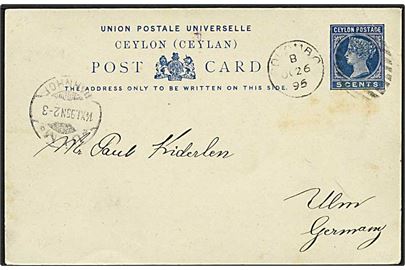 5 cent blå helsag fra Colombo d. 26.10.1895 til Ulm, Tyskland.