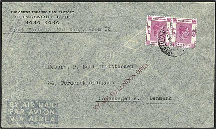 100 cent på luftpostbrev fra Victoria d. 19.1.1930 til København via London.