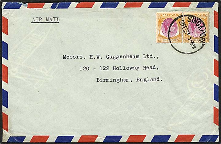 50 cent på luftpostbrev fra Singapore d. 27.2.1951 til Birmingham.