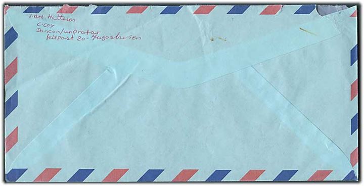 Free Mail Service frankostempel på luftpostbrev fra DANCON UNPROFOR d. 29.6.1992 til Toftlund, Danmark. Fra soldat ved C-Coy, Dancon/Unprofor Feltpost 20 Jugoslavien.