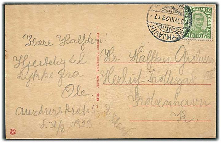 10 aur Chr. X på brevkort fra Reykjavik d. 30.8.1923 til København.