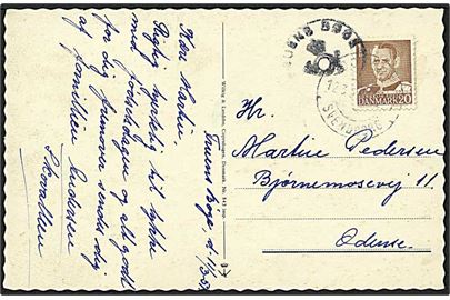 20 øre brun Fr. IX på postkort fra Fruens Bøge d. 11.3.1951 til Odense. Fruens Bøge posthornsstempel.