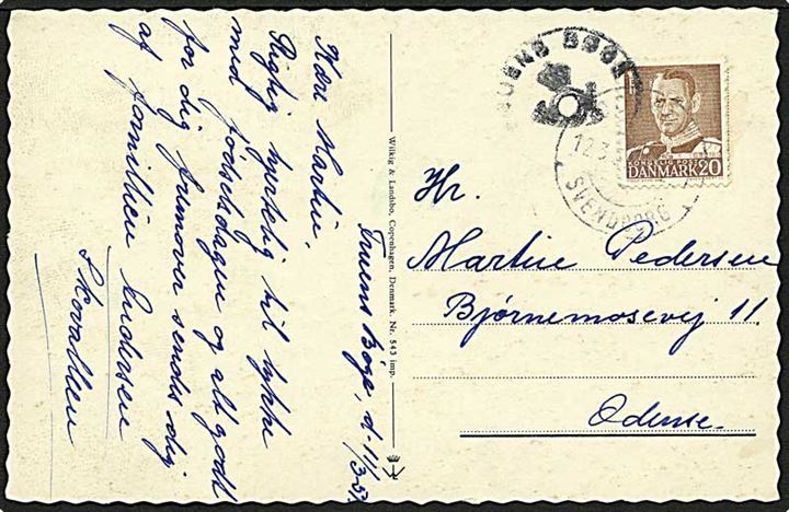 20 øre brun Fr. IX på postkort fra Fruens Bøge d. 11.3.1951 til Odense. Fruens Bøge posthornsstempel.