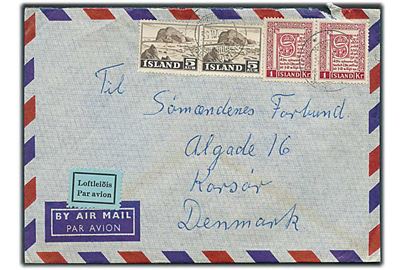 5 aur Vestmanna (2) og 1 kr. Håndskrifter (2) på luftpostbrev fra Siglufjördur d. 27.7.1955 til Korsør, Danmark. Fra sømand ombord på M/S Skandseodde.