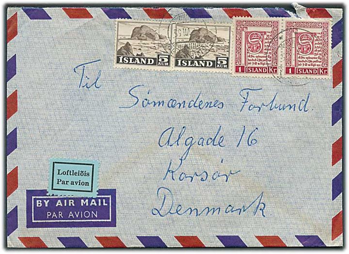 5 aur Vestmanna (2) og 1 kr. Håndskrifter (2) på luftpostbrev fra Siglufjördur d. 27.7.1955 til Korsør, Danmark. Fra sømand ombord på M/S Skandseodde.