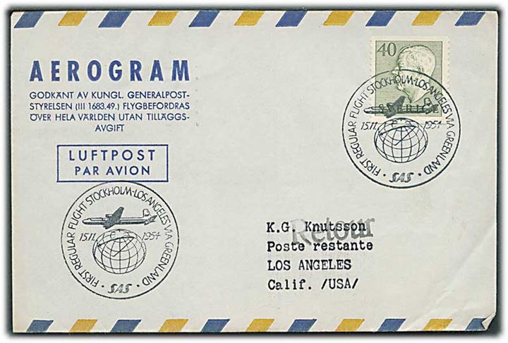 40 öre Gustaf på aerogram annulleret med særstempel First Regular Flight Stockholm - Los Angeles via Greenland d. 15.11.1954 til Los Angeles, USA.