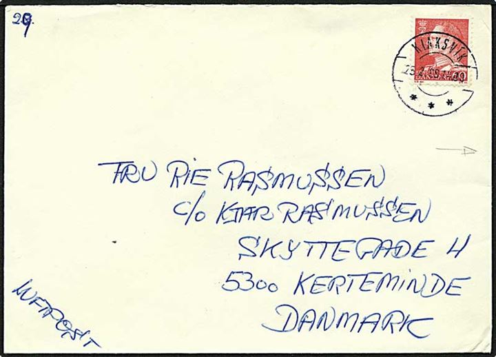 60 øre rød Fr. IX på luftpost brev fra Klaksvik d. 25.2.1969 til Kerteminde. Afsendt fra SOK, Fylla.