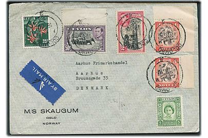 Blandingsfrankeret luftpostbrev fra Colombo d. 18.6.1953 til Aarhus, Danmark. Fra norske skib M/S Skaugum.