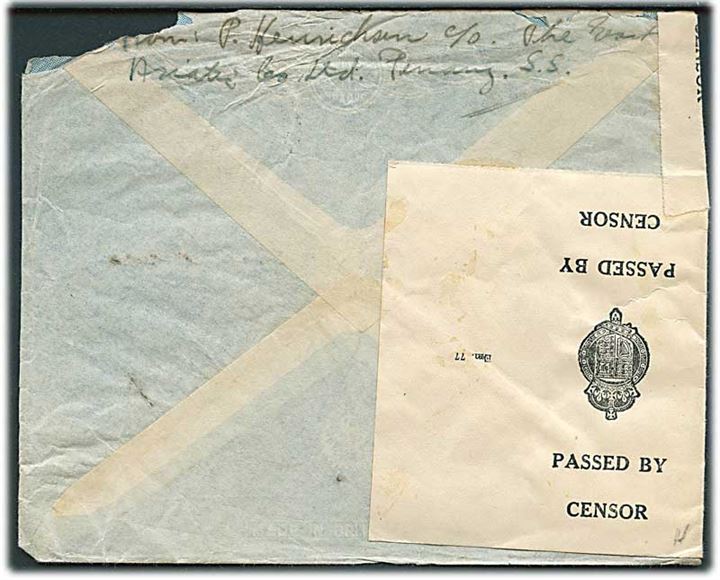 10 c. (2) og 50 c. George VI på fortrykt kuvert fra East Asiatic Company sendt som luftpostbrev fra Penang d. 18.9.1939 til Hellerup, Danmark. Åbnet af britisk censur i Malaya. Hjørne mgl.