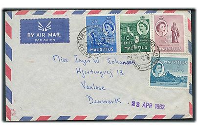 5 c., 10 c. 20 c. og 25 c. på luftpostbrev fra Port Louis d. 24.4.1962 til Vanløse, Danmark.