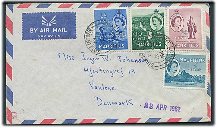 5 c., 10 c. 20 c. og 25 c. på luftpostbrev fra Port Louis d. 24.4.1962 til Vanløse, Danmark.