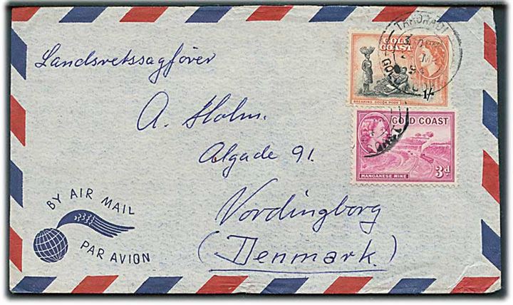 3d og 1 sh. Elizabeth på luftpostbrev fra Takoradi d. 24.3.1954 til Vordingborg, Danmark. Fra sømand ombord på S/S Ulla.