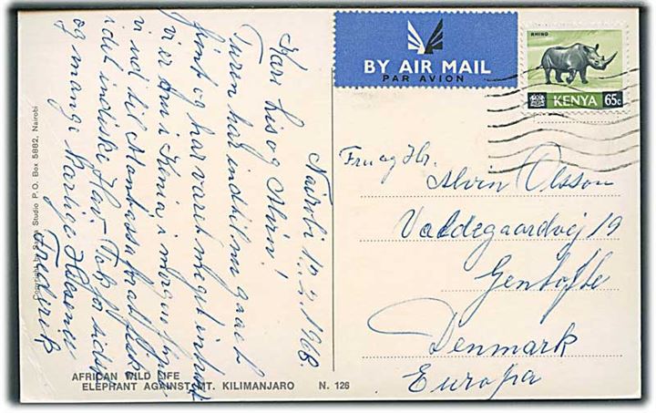 Kenya 65 c. Næsehorn single på luftpost brevkort fra Nairobi d. 12.2.1968 til Gentofte, Danmark.