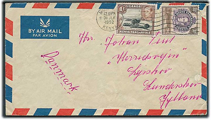 K.U.T. 30 c. og 1 sh. George VI på luftpostbrev fra Mombasa d. 31.7.1952 til Lunderskov, Danmark. Fra sømand ombord på S/S Asbjørn.