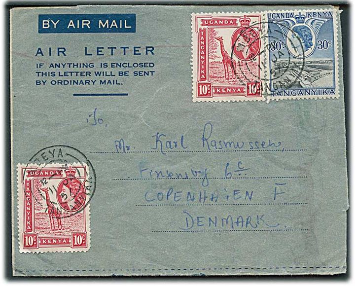 K.U.T. 10 c. (2) og 30 c. Elizabeth på air Letter fra Mbeya Tanganyika d. 11.1.1957 til København, Danmark.