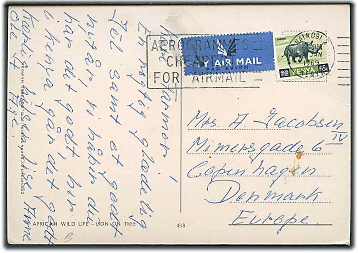 65 c. Næsehorn single på luftpost brevkort fra Nairobi d. 8.1.1969 til København, Danmark.