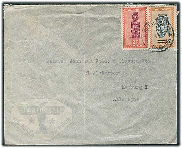 Ruanda-Urundi. 2 fr. og 6,50/6 fr. jpå luftpostbrev fra Usumbura 1951 til Hamburg, Tyskland.