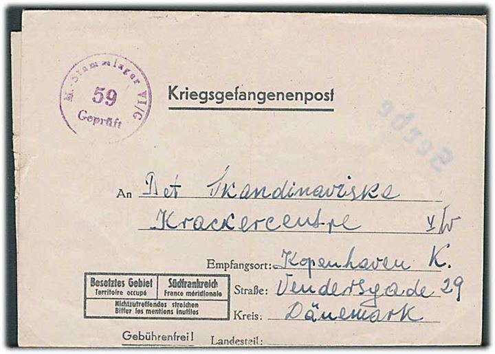 Ufrankeret tysk krigsfangefoldebrev fra serbisk krigsfange i Stalag VIG (= Bonn-Duisdorf) til Skandinavisk Kvækercenter i København, Danmark. Stalag censur. 