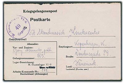Ufrankeret spørgedel af tysk krigsfange dobbeltbrevkort dateret d. 22.11.1942 til Skandinavisk Kvækercenter i København, Danmark. Fra polsk krigsfange i Stalag VIG (= Bonn-Duisdorf). Stalag censur.