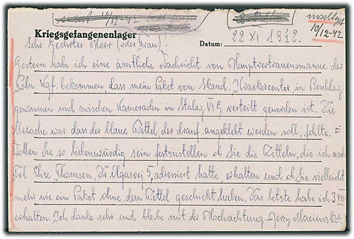 Ufrankeret spørgedel af tysk krigsfange dobbeltbrevkort dateret d. 22.11.1942 til Skandinavisk Kvækercenter i København, Danmark. Fra polsk krigsfange i Stalag VIG (= Bonn-Duisdorf). Stalag censur.