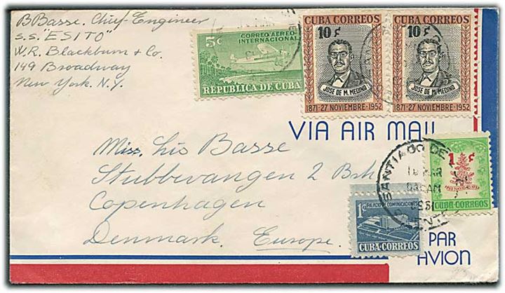 Blandingsfrankeret luftpostbrev fra Santiago de Cuba d. 10.3.1953 til København, Danmark. Fra sømand ombord på S/S Esito.
