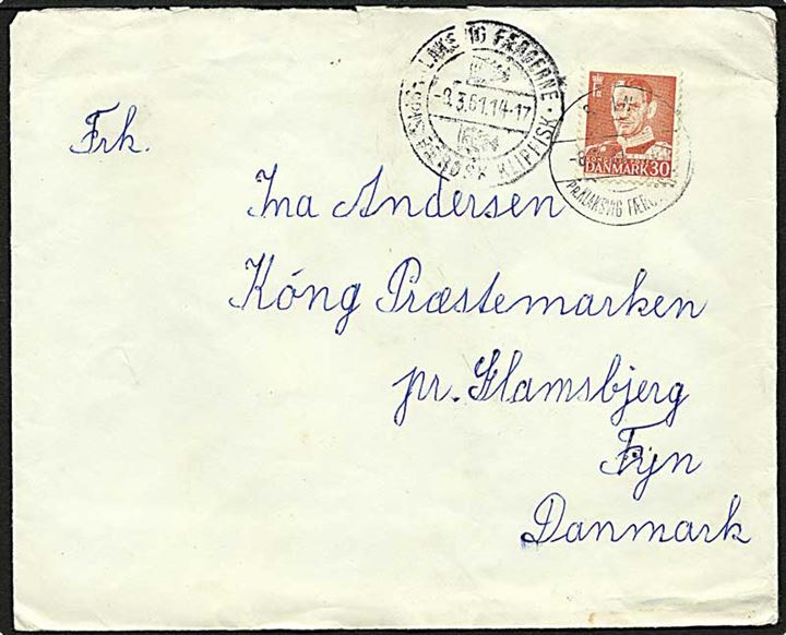 30 øre rød Fr. IX på brev fra Svinø/pr. Klaksvig Færøerne d. 8.3.1961 til Køng. Klaksvig klipfiskstempel.